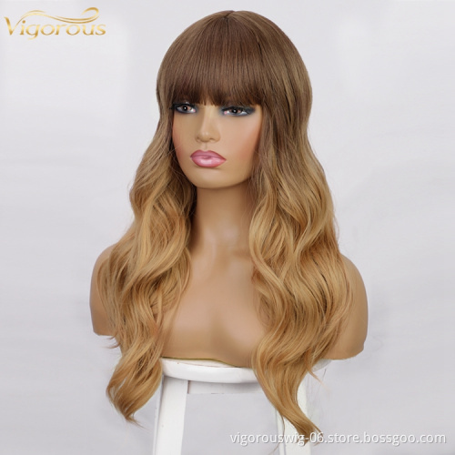Vigorous Vendor Cheap Wholesale Long Body Natural Wave Ombre Brown Wig With Bangs For Black Women Synthetic Hair Wigs